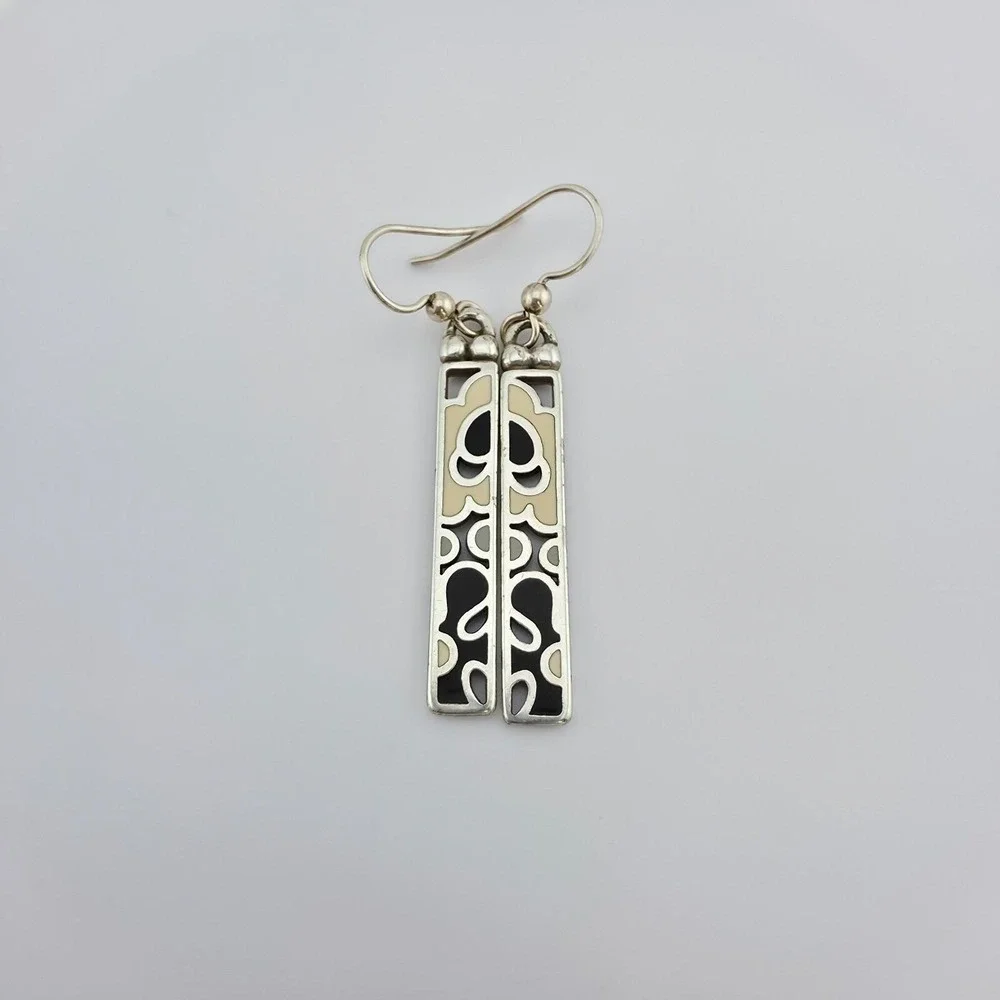 BRIGHTON 'Spring Hill' Earrings Black Cream Enamel Etched Drop Silver Plate 2